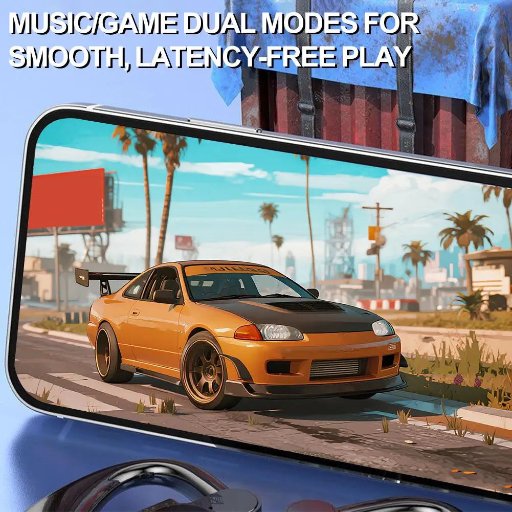 a sleek black and orange sports car with a prominent rear spoiler displayed on the screen of a smartphone showcasing the open ear bluetooth 5.4 sport earhook headphones product.