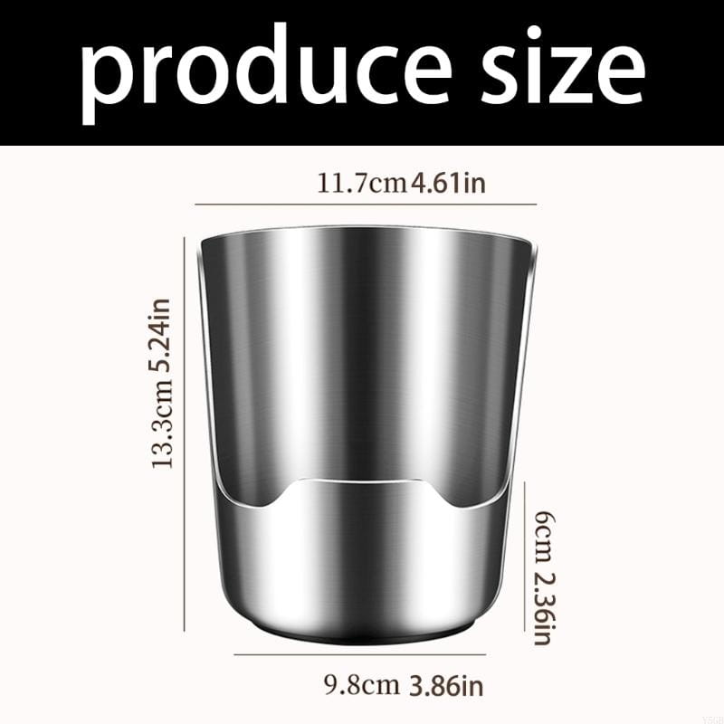 A sleek cylindrical stainless steel pot lid and spoon holder stand with a polished metallic finish and a distinctive curved handle indentation.