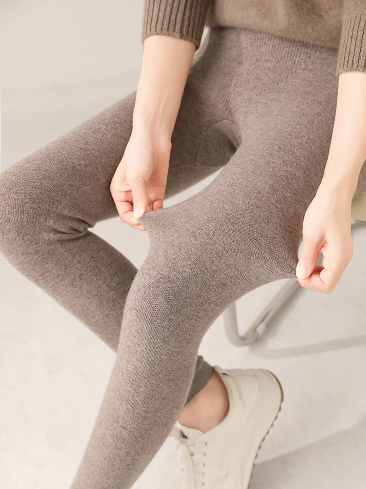 Women 100% Merino Wool Knitted Leggings Autumn Winter Soild High Waisted Wool Pants Comfort Small Leg Pants Versatile Thick Warm