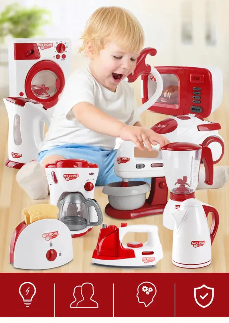 Rotes und weißes Kunststoff-Kinder-Spielküchen-Kleingeräte-Set mit meiner Heimauszeichnung, entworfen für Rollenspiel-Lebensmittel.