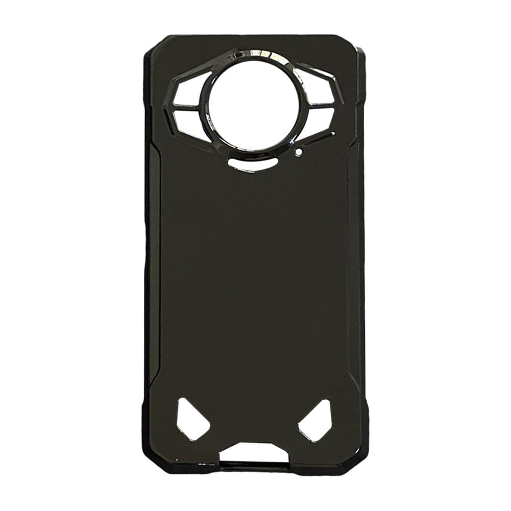 Parte posterior de la funda negra resistente para teléfono Doogee S200 5G, con diseño angular y recorte circular para la cámara, diseñada para protección de alta resistencia.