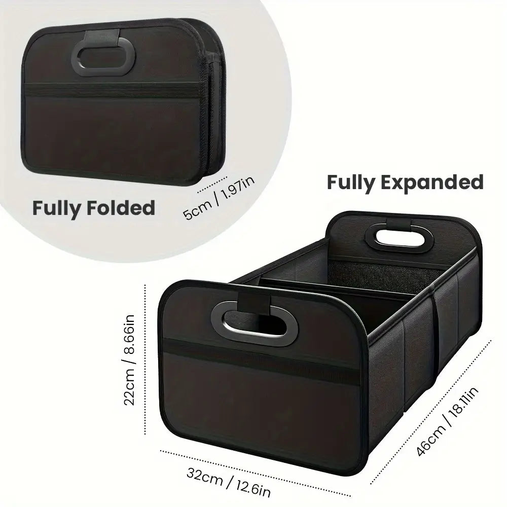 Bolsa organizadora plegable para cajuela de automóvil de color negro, plegable y con asas reforzadas, con interior de malla, mostrada desde el lado posterior.