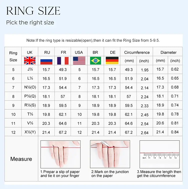 Ring size chart displaying measurements in various units and country-specific sizing standards for a sterling silver zircon ring for women.