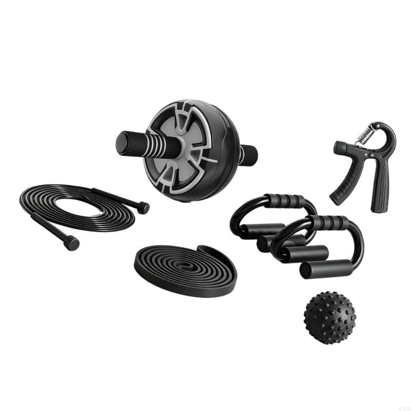 Black and gray ab roller with textured grip surface featuring real time tracking for a 6-in-1 ab roller wheel set
