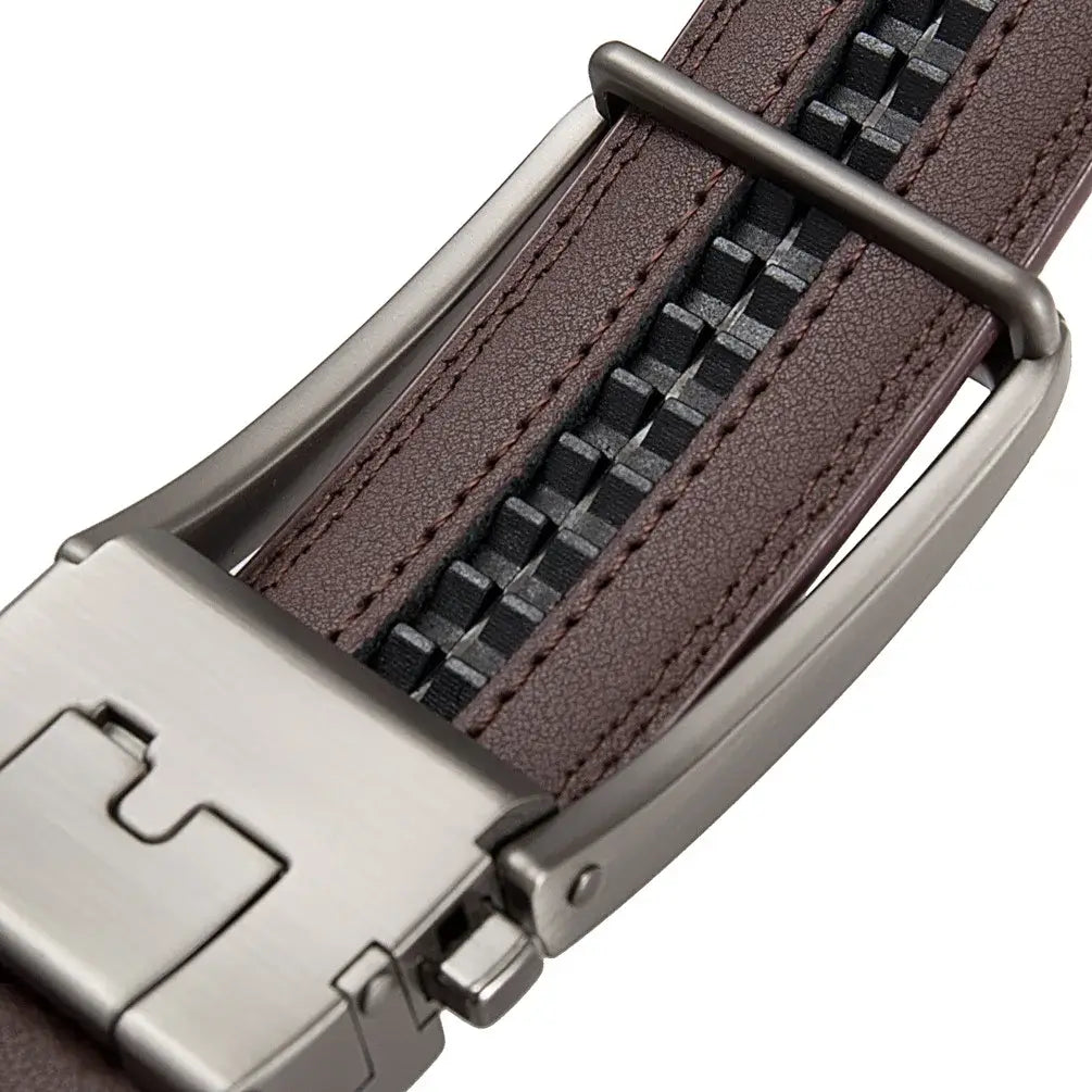 Men leather automatic buckle belt in brown leather with a silver-toned metal buckle and zipper closure.