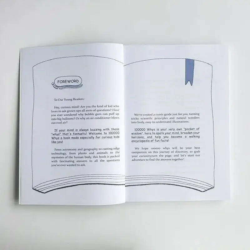 Ein weißes Kinder-Sachlexikonbuch für Naturwissenschaften mit dem Titel 100000 Whys Kids Science Encyclopedia, mit einem blauen Lesezeichenband und schwarzem Text auf der Vorderseiten-Seite.