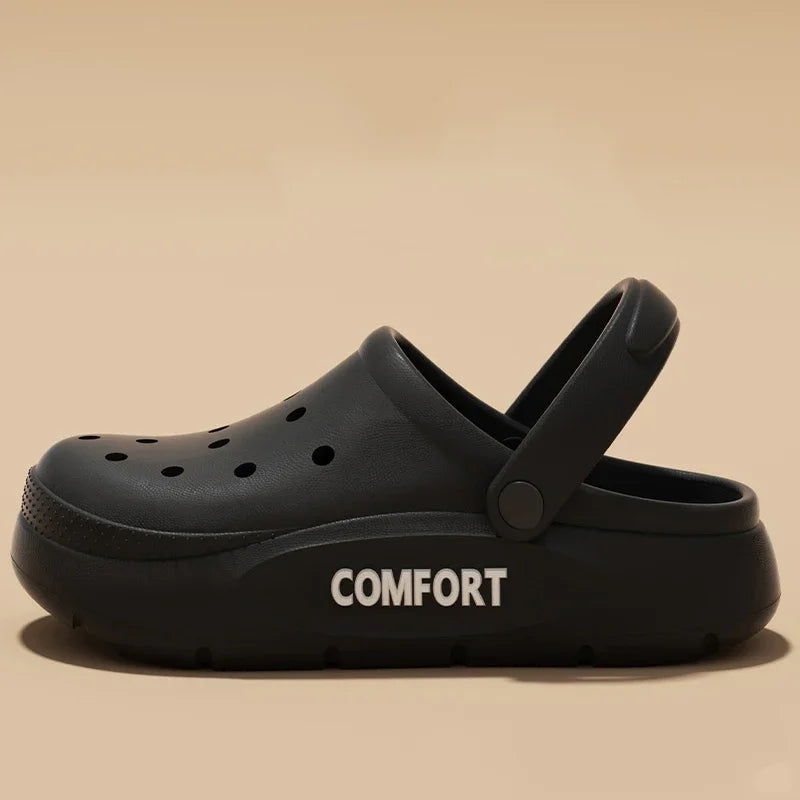 Zueco de verano casual unisex de EVA negro de goma con letras de comodidad blancas en la suela.