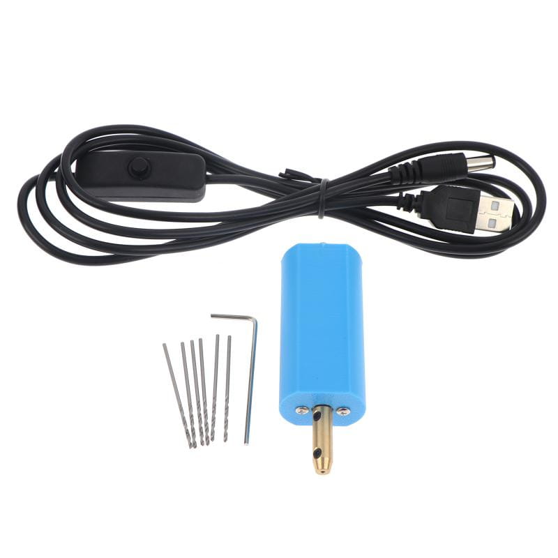 blue plastic usb-powered mini electric drill main unit with metal drill bits and usb cable for resin jewelry crafting