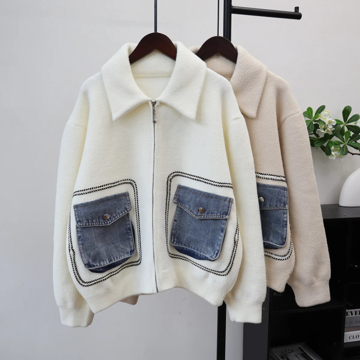 Women Wool Short Coats Casual Blends Jackets Patchwork Denim Pocket Sweater Pullover Zipper Loose Elegant Jumper 2025 Autumn