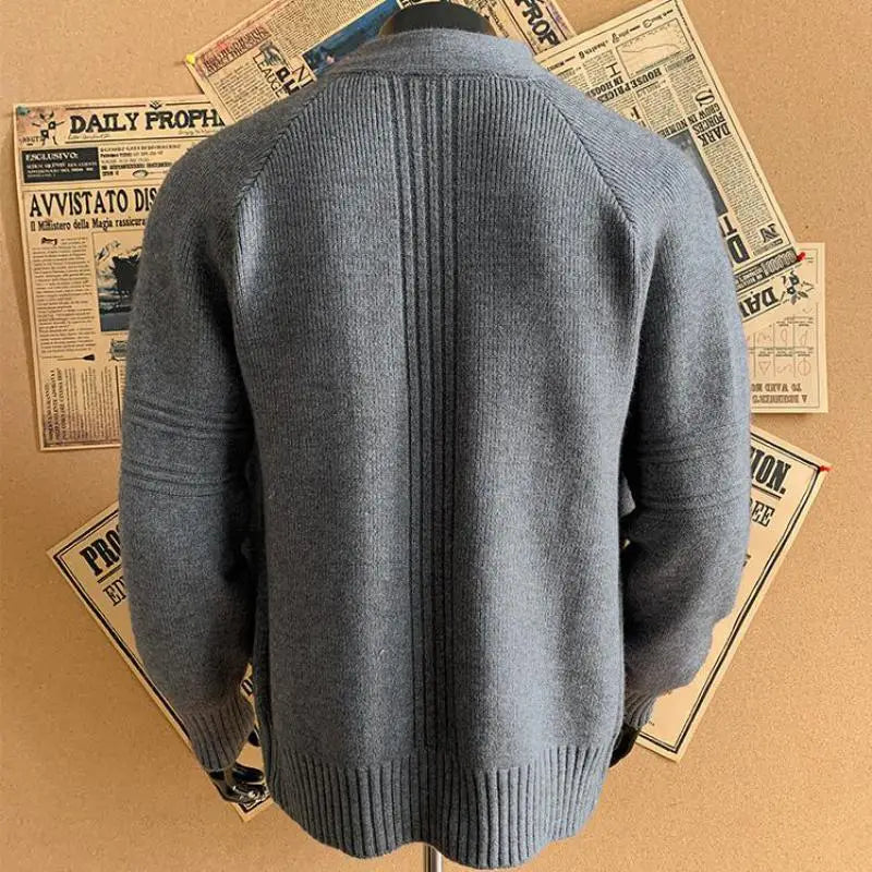 textured charcoal gray knit mens cardigan sweater full zip shown from back with ribbed detailing on sleeves hem and shoulder chest length for size range m to 3xl