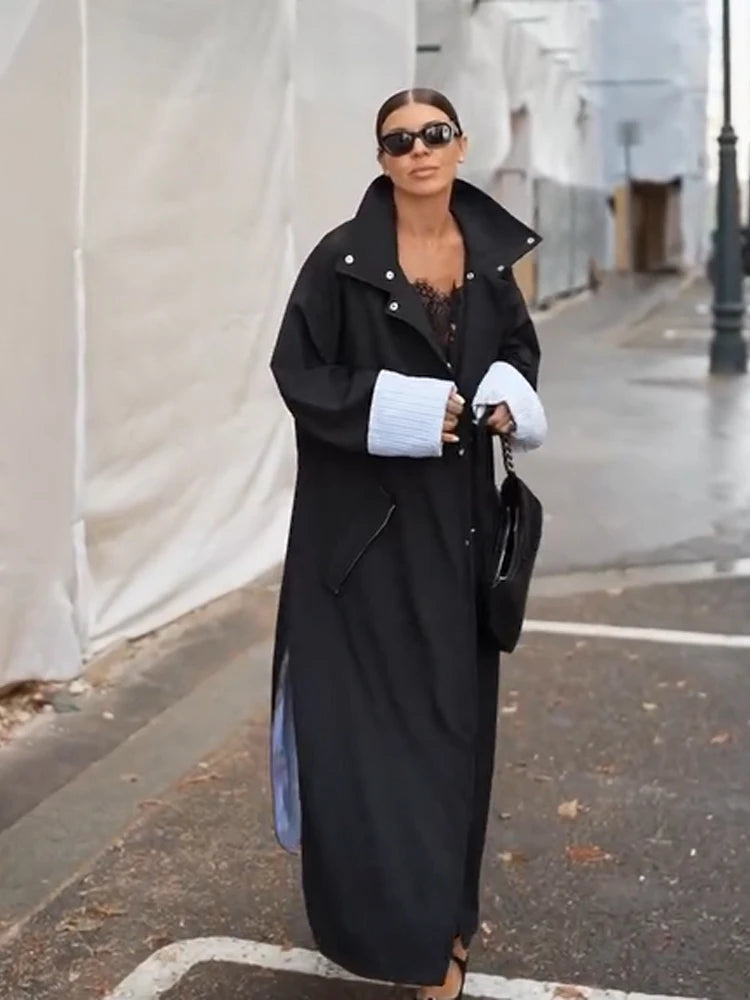 Women Long Trench Coat Elegant Lapel Single Breasted Striped Lining Side Slit Oversized Jacket Urban Commute Casual Outerwear