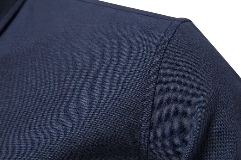 dark navy blue woven fabric shoulder seam of a tailored dress shirt designed for fashion social shirts with a contrast collar and long sleeves for men