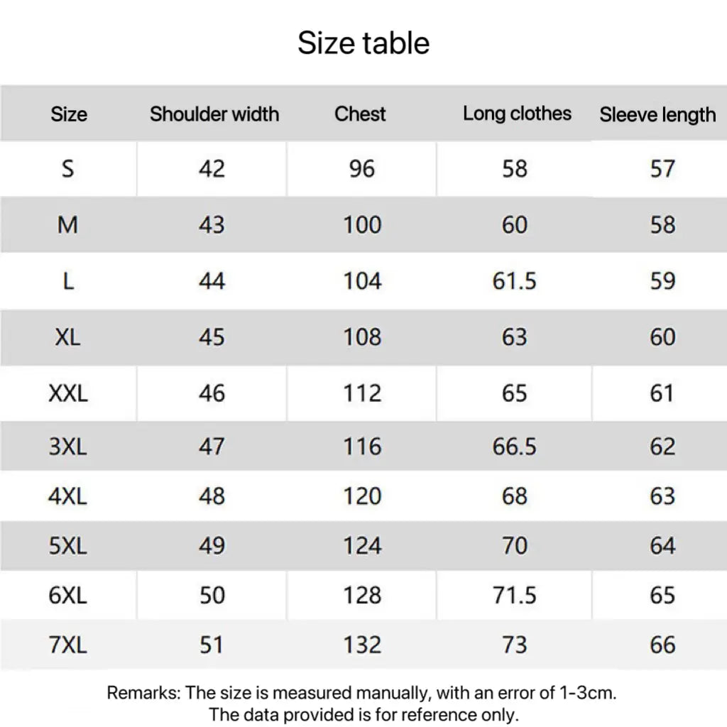 Size chart in centimeters for men sun protection windbreaker jacket showing measurements from size s to 7xl.