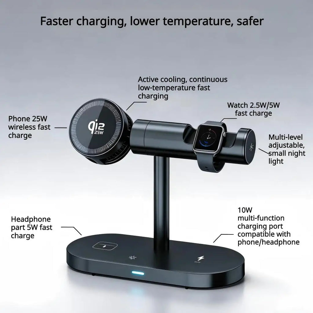 25W Qi2.2 Magnetic Wireless Charger with Cooling Fan & LED, 7-in-1 Fast Charging Stand for iPhone Watch AirPods