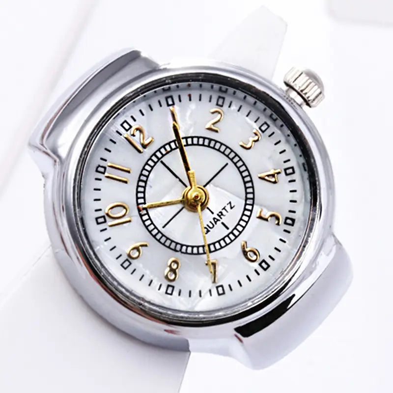 silver-toned ring watch with a sleek metallic case, white dial, and gold-colored hour markers and hands designed as unisex quartz finger jewelry gift
