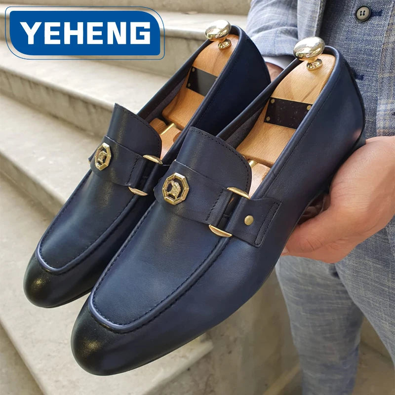Men Business Dress Casual Fashion Elegant Formal Shoes Slip-on Evening Dress Loafers Party Metal Buckle Wedding Leather Shoes