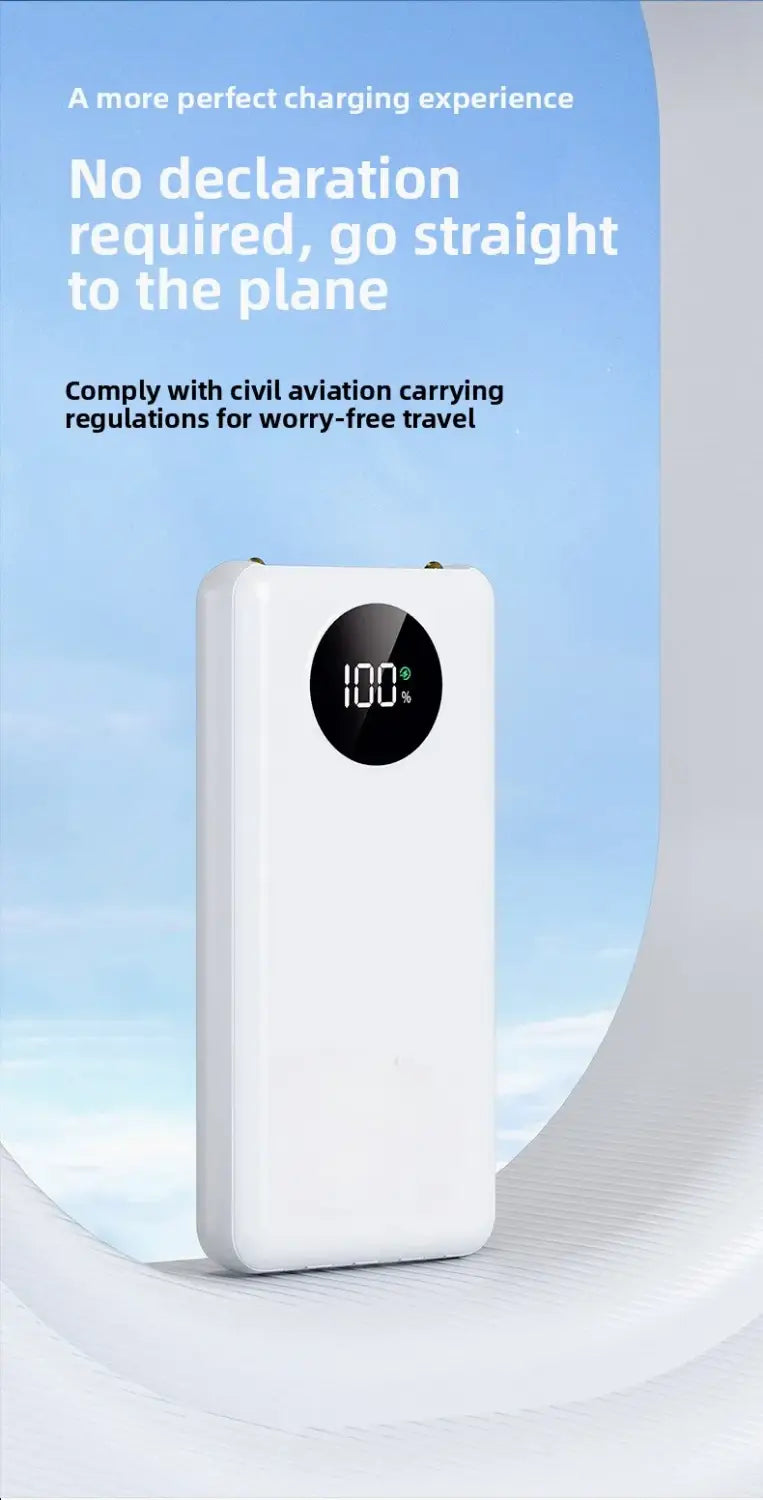 White rectangular power bank 20000mah with a circular black digital display showing 100 percent and 120w fast charging support including 5v2a output.
