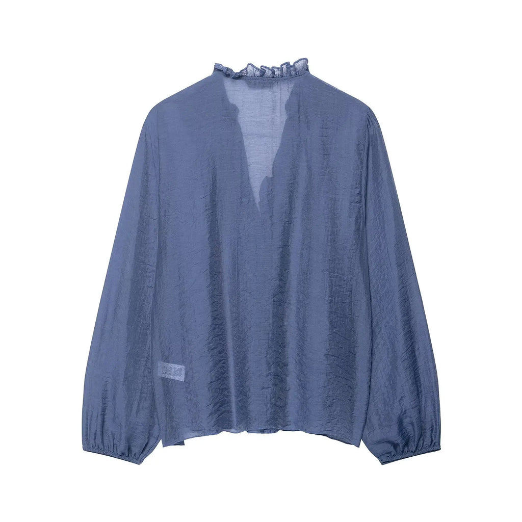 Willshela Women Fashion Ruffled Pleated Single Breasted Blouse Vintage V-Neck Long Sleeves Female Chic Lady Shirts