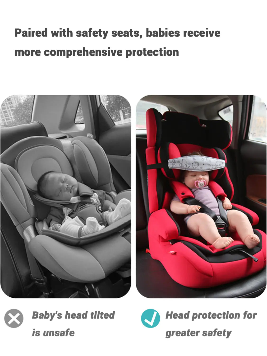 Ein roter und schwarzer Autositz für Kleinkinder mit gepolstertem Kopflehnenschutz und verstellbarem Gurt zur verbesserten Sicherheit und Schlafpositionierung.