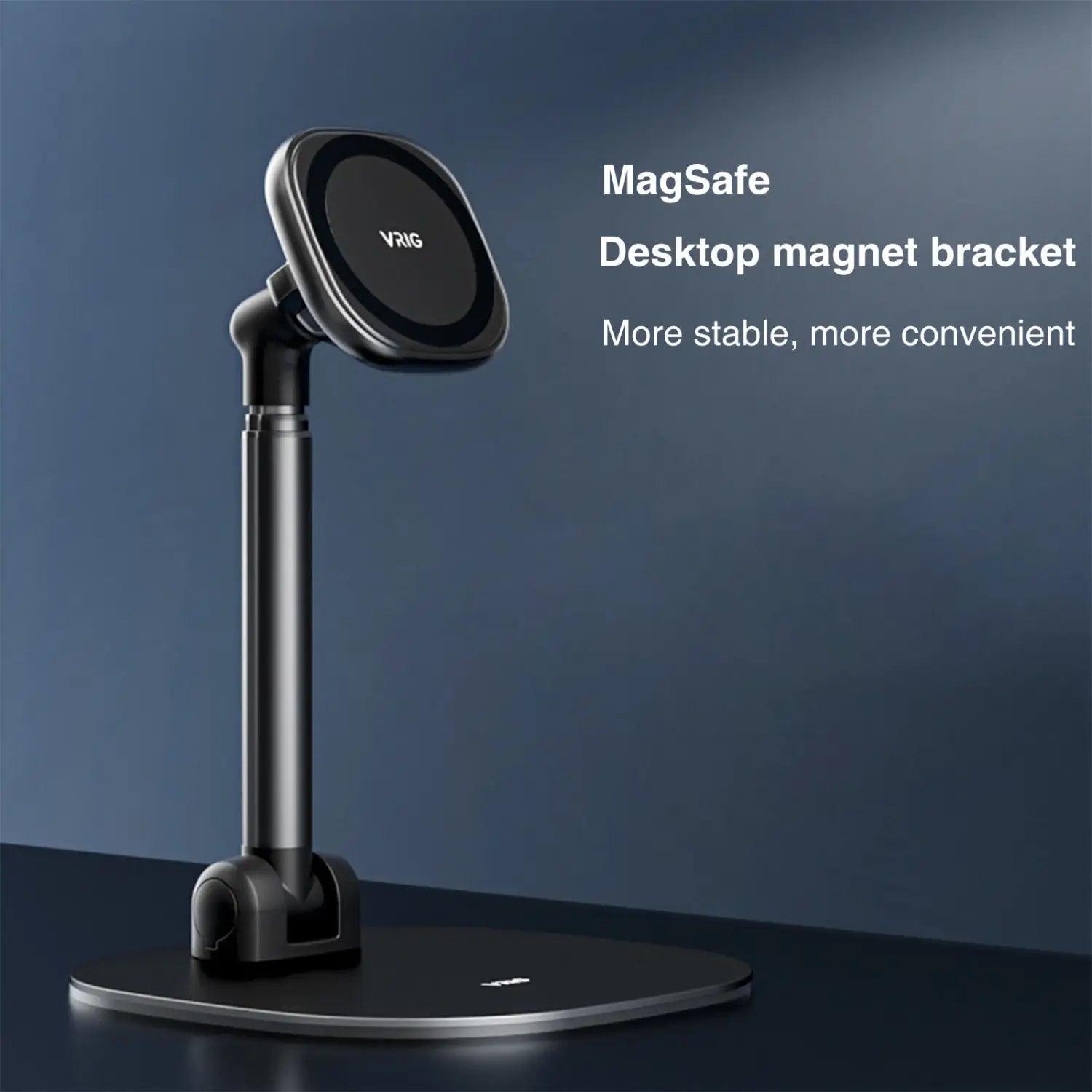 Schwarze MagSafe-Desktop-Magnethalterung mit schlankem, minimalistischen Design und stabilem Sockel für eine kabellose Lade-Handyhalterung