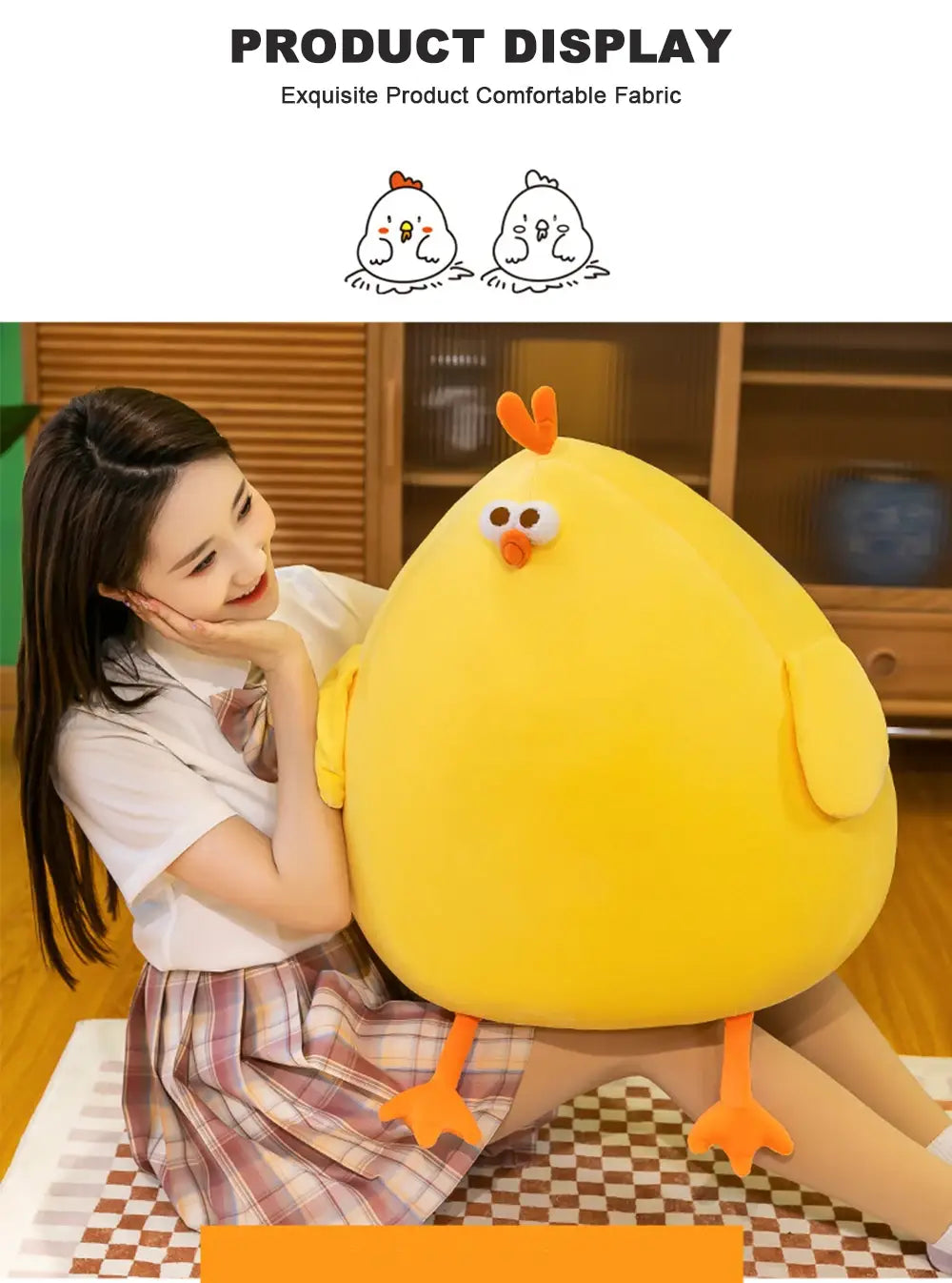 Gelbes Plüsch-Ausstopfhühnerplüschkissen aus weichem Stoff, mit orangefarbenem Schnabel, Füßen und Kamm, hergestellt in der Volksrepublik China für bequemes Kuscheln.