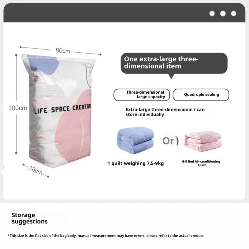 Sac sous vide de rangement en pa+pe à motifs blanc et rose, portant l’inscription « life space creator », conçu pour un rangement sous vide réutilisable permettant d’économiser de l’espace pour des articles tridimensionnels de très grande taille