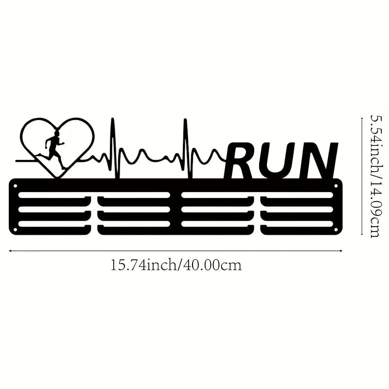 Black metal running medal display rack with a heart-shaped silhouette of a runner and an ekg line design above the word run