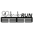 Black metal race finisher medal rack with heart, running silhouette, and heartbeat line design above run text