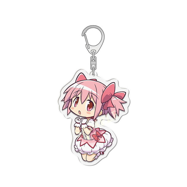 pink-haired anime character keychain with cat ears and a bow featuring a white dress with pink accents made of transparent acrylic from the Madoka Magica anime acrylic keychain set.