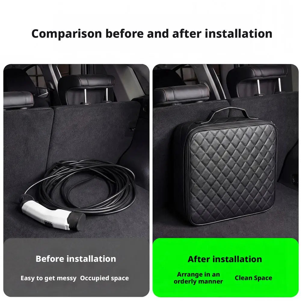 Bolsa de almacenamiento de cables de carga para vehículos eléctricos, de cuero acolchado negro, organizador de coche con el asa mostrada desde el lado posterior