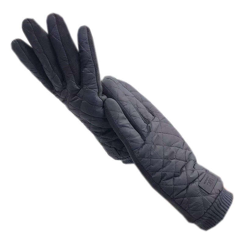 Gants d’hiver pour femmes en écran tactile thermiques matelassés gris foncé, avec poignet côtelé et détails de couture discrets, présentés du côté arrière.