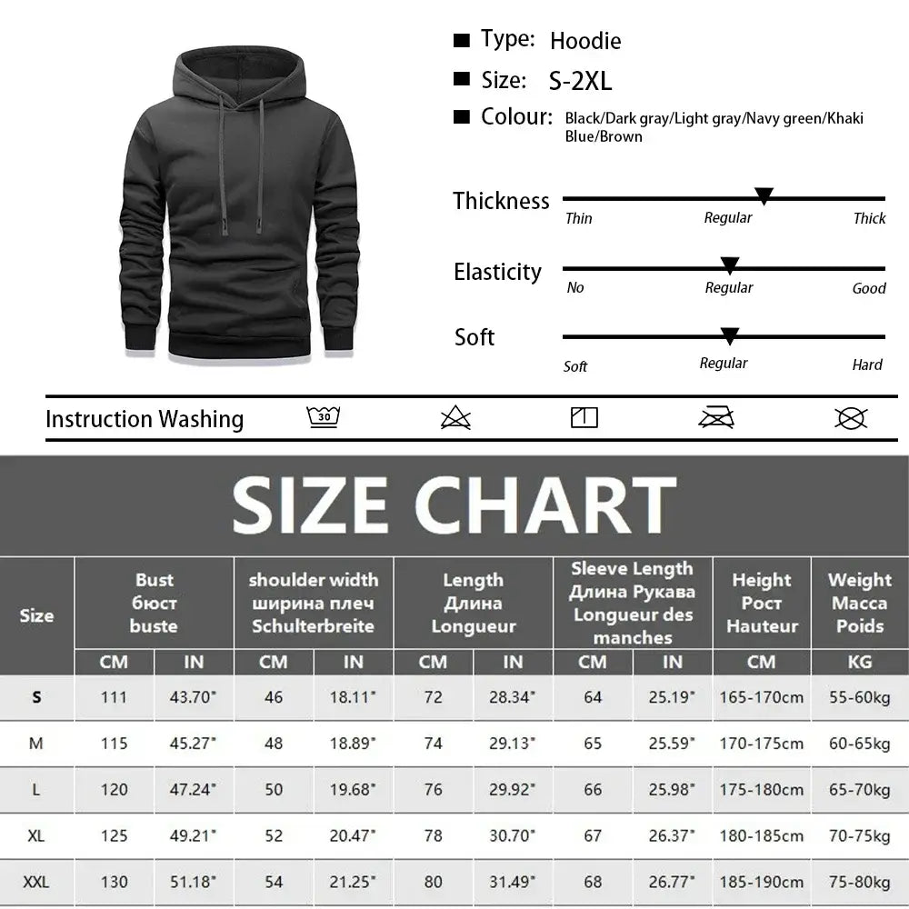 Herren-Fleece-Pullover-Hoodie in Schwarz mit Kordelzug-Kapuze und langen Ärmeln, lässiger Winter-Sweatshirt, erhältlich in den Größen S bis 2XL