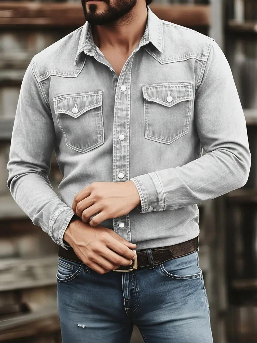 Men’s vintage denim shirt in light-wash cotton featuring long sleeves, buttoned chest pockets, and a classic collar suitable for casual workwear.