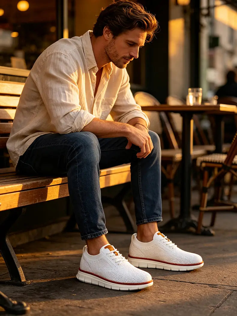 Zapatillas casual transpirables de hombre para caminar en tejido blanco con acentos rojos y un diseño moderno y elegante.