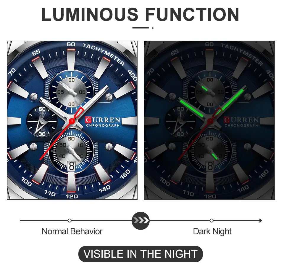 Curren mens chronograph stainless steel watch with a blue face and luminous green hands that glow in the dark.