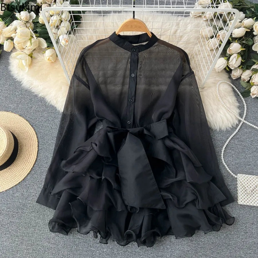 2026 Chiffon French Chic Elegant Blouses for Womens Spring Long Sleeve O-neck Solid Colours Femmen Long Shirt Tops Ruffles Woman