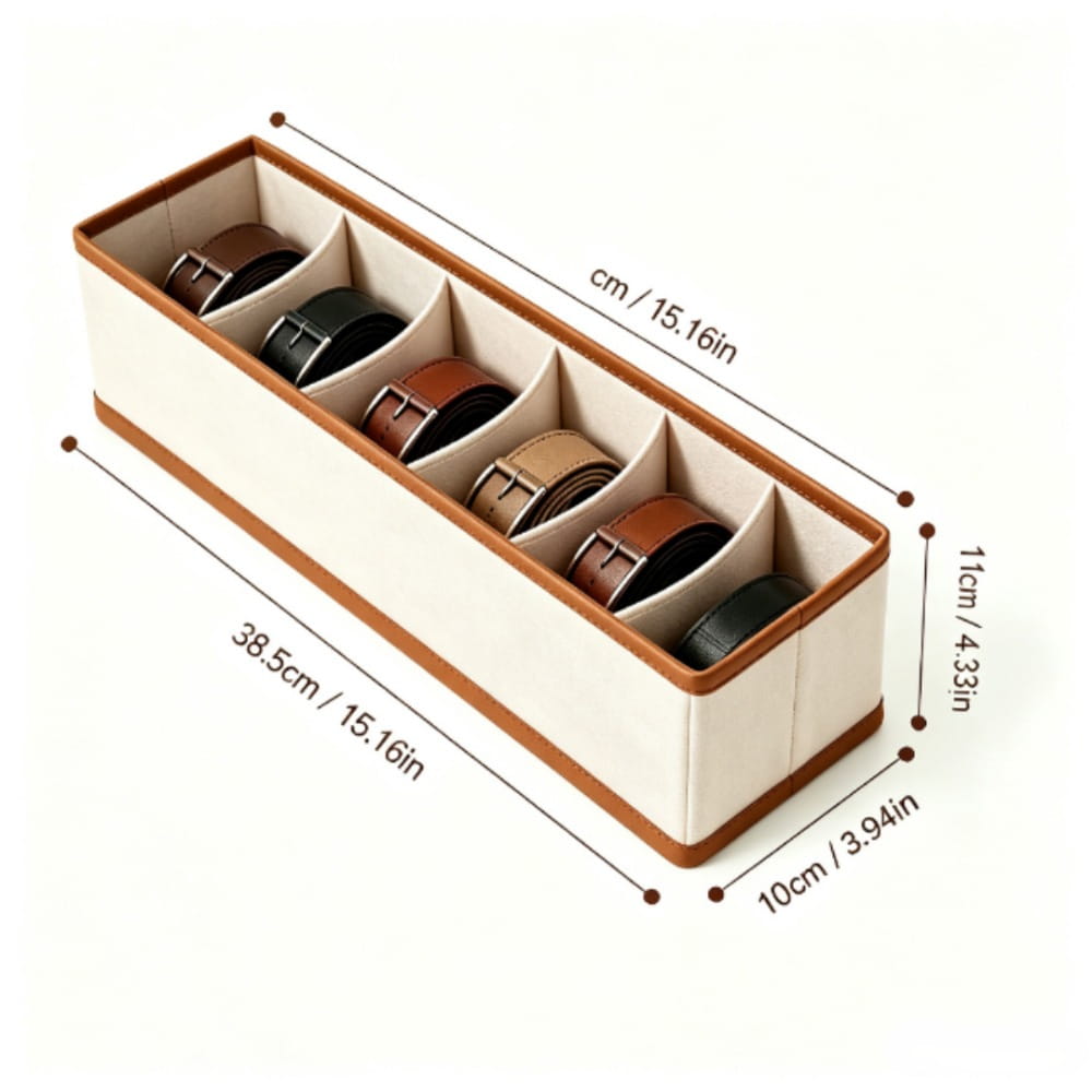 Cream-colored fabric drawer organizer with brown trim featuring five compartments holding various leather belts for underwear and socks storage.