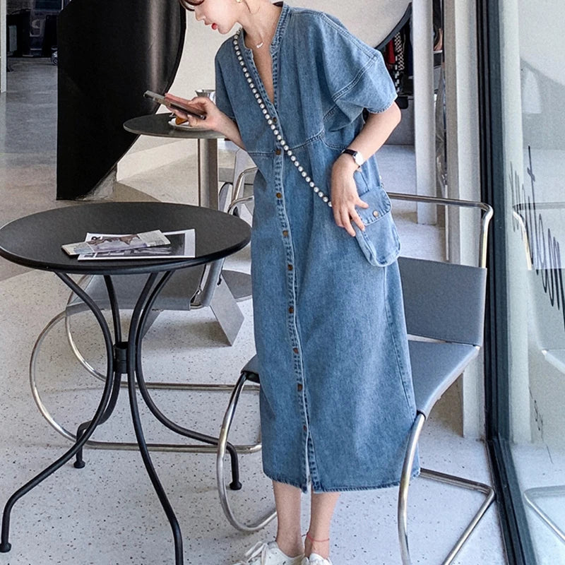 Vintage Denim Women's Dresses for 2026 Summer Thin Casual Jeans Dress Loose Plus Size Lady Vestidos Female Clothes Robe KE6062