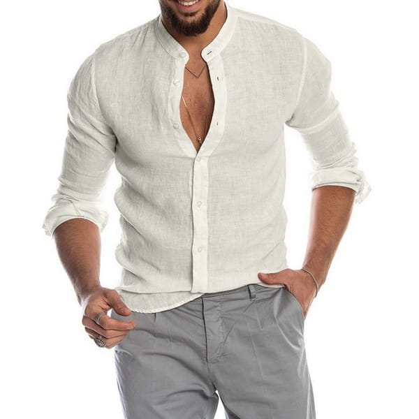 A light beige men long sleeve linen casual shirt with a mandarin collar and button-down front.