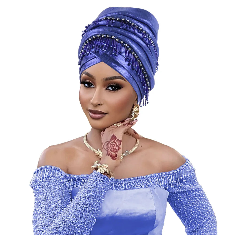 Fashion Turban Cap for Women African Lady Head Wraps with Beading Tassels Nigeria Weding Party Hat Headwear