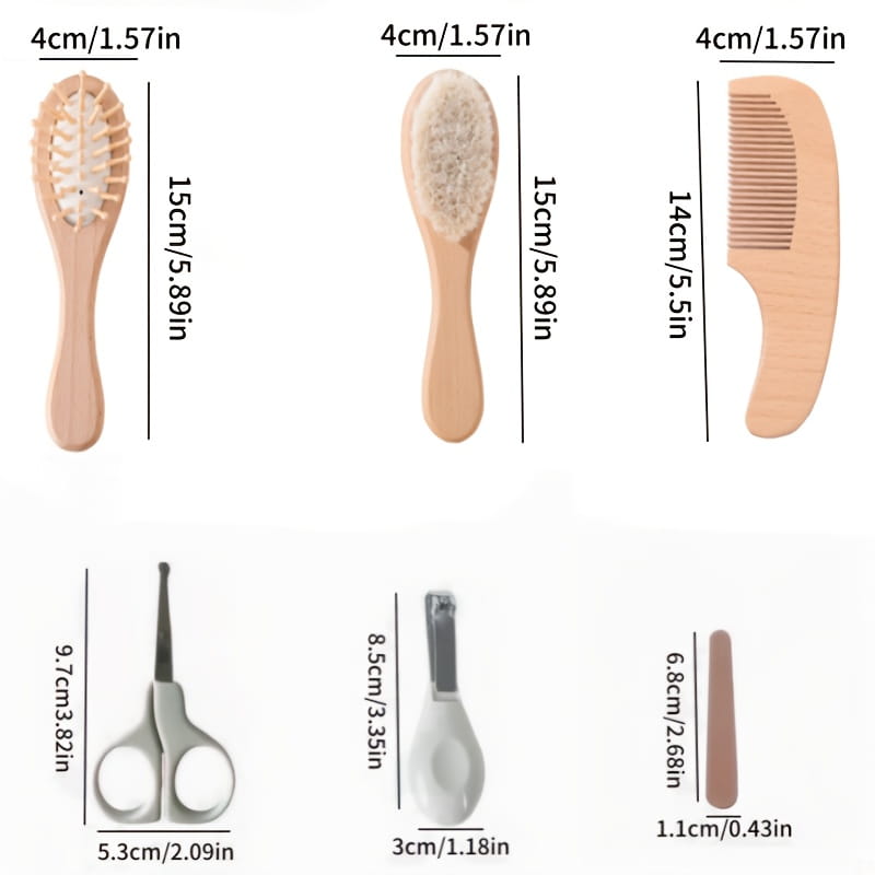 Set of three baby wooden grooming tools with soft bristles and a matching wooden comb in a natural finish for delicate infant care.