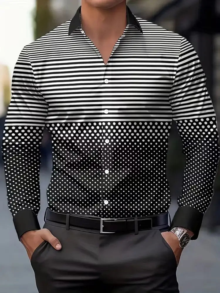 Gold Fleck men’s casual shirt featuring black and white striped long-sleeve button-up design with a polka dot pattern transitioning from the chest down.