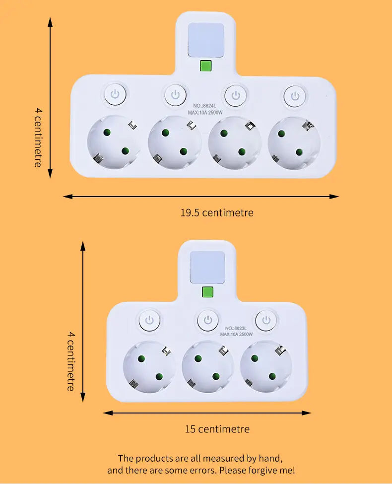 White plastic wall charger socket with four european-style outlets usb ports and a built-in led indicator light.