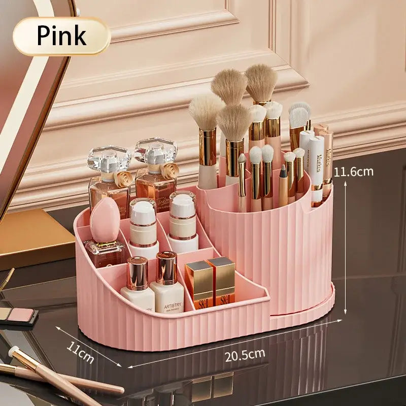 Organisateur de maquillage rotatif en plastique rose, avec texture côtelée et plusieurs compartiments pour le stockage cosmétique de grande capacité