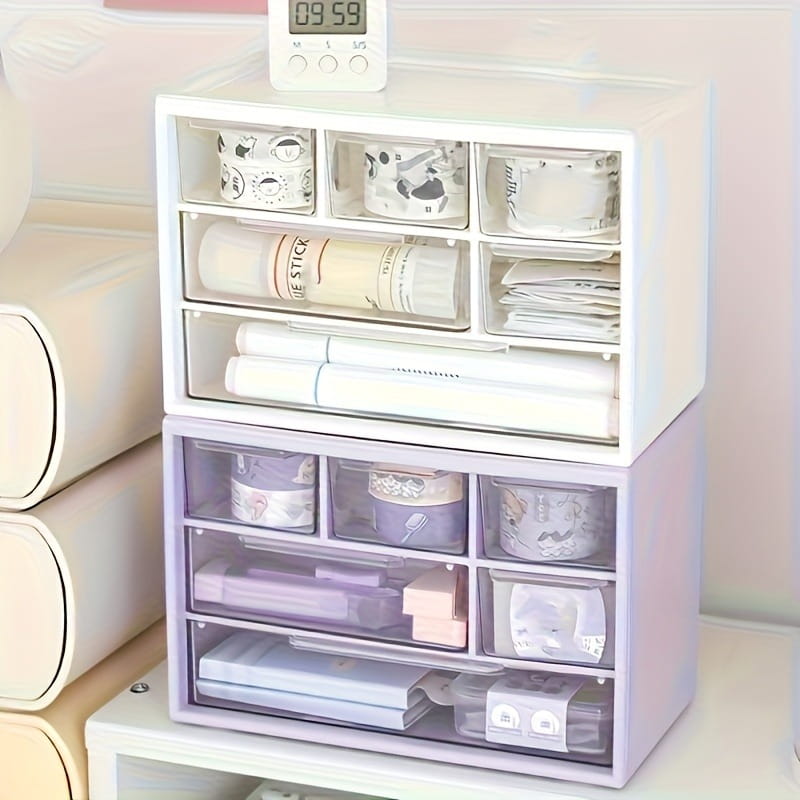 Organisateur de bureau en plastique blanc avec tiroirs transparents, avec cadre en plastique blanc et lavande et panneaux avant transparents.