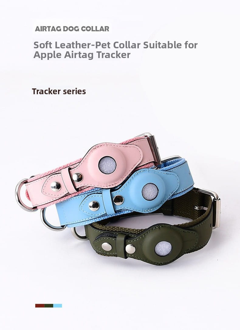 Weiche Ledergeschirre für Hunde in Rosa, Blau und Olivgrün mit einem runden Ausschnitt für einen Apple Airtag-Tracker, kompatibel mit dem Leder-Hundegeschirr sowie der Leinen- und Geschirr-Kombination in Olivgrün.
