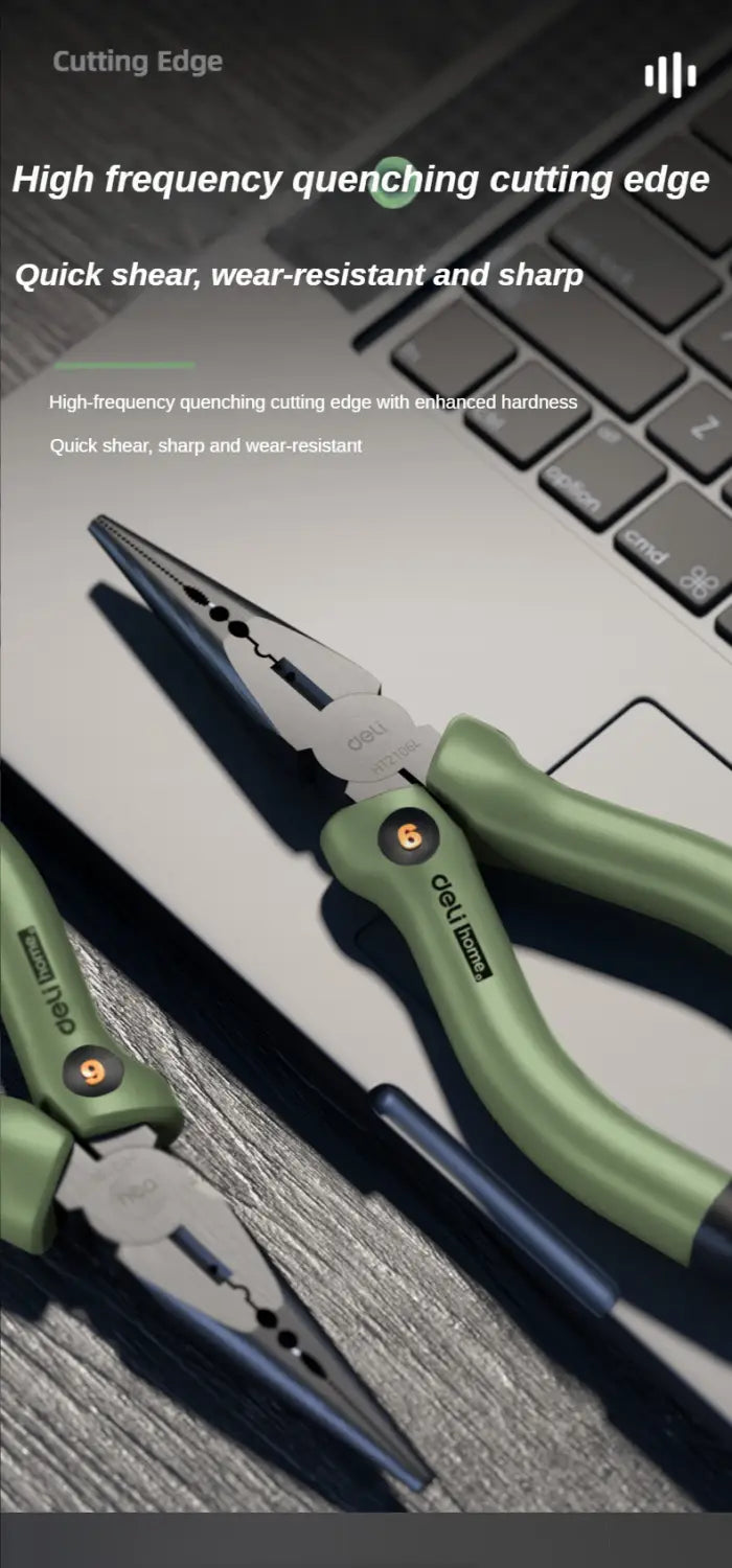 green-handled deli brand pliers with a high-frequency quenching cutting edge from the deli multitool hand repair tool kit.