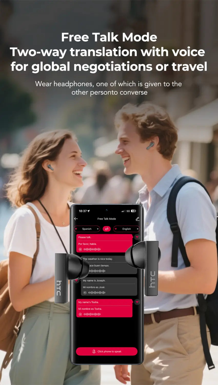 Écouteurs sans fil HTC NE40 noirs, au design moderne et épuré et à un étui de charge intelligent, pour la traduction en mode conversation gratuite