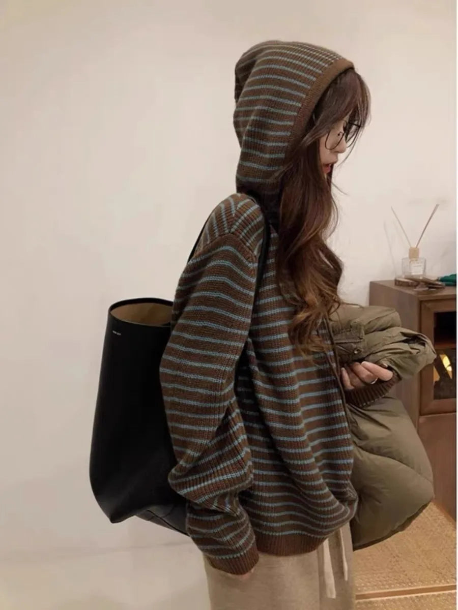 Striped Hooded Sweaters For Women In Autumn And Winter 2024 Wear High-Grade Lazy Wind Design Knitted Bottoming Shirts