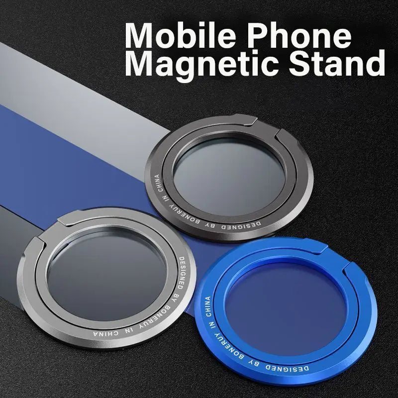 Tres anillos soporte magnéticos para teléfono MagSafe en colores plata gris peltre y azul, mostrados desde el frente.